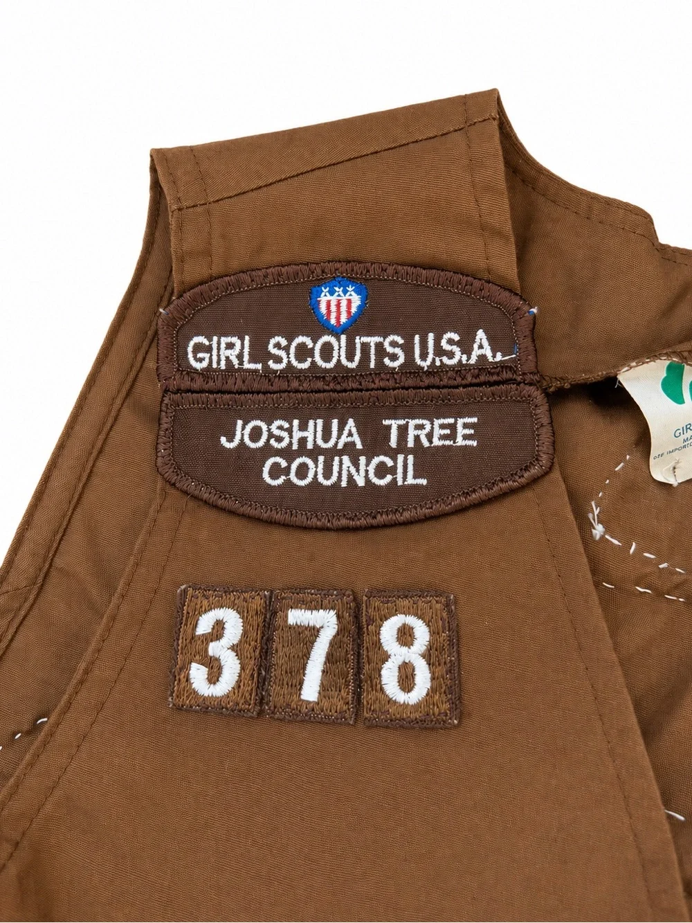 Vintage 90s Girl Scouts Brown Vest and Sash with Merit Badges -